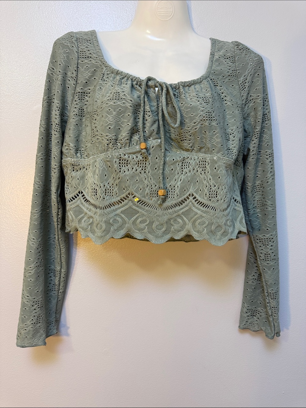 KIRIOUS LOS ANGELES Crochet Eyelet Tie-Front Cropped Top in Sage Green